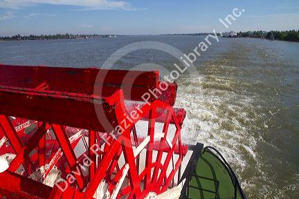 Paddle wheel of the SS. Natchez steamboat on the Mississippi River at New Orleans, Louisiana, USA.