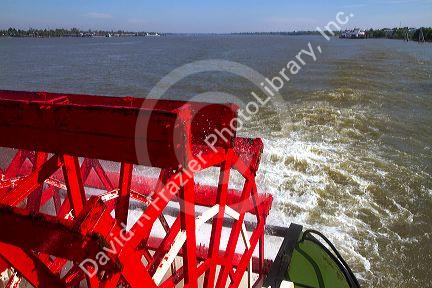 Paddle wheel of the SS. Natchez steamboat on the Mississippi River at New Orleans, Louisiana, USA.