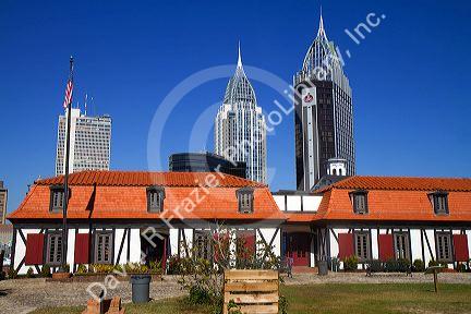 Interior of Fort Conde with downtown Mobile in the background, Alabama, USA.