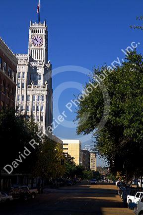 Gothic clock tower of the Lamar Life Building in Jackson, Mississippi, USA.