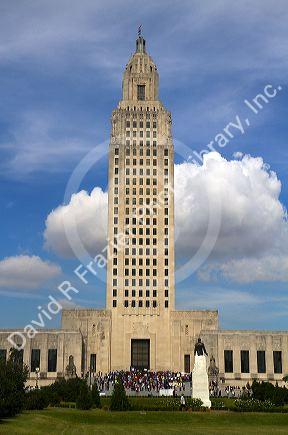 Demonstrators protest educational funding cuts on the steps of the state capitol building in Baton Rouge, Louisiana, USA.