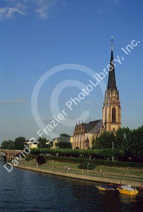 A church along the Main River in Frankfurt, Germany.