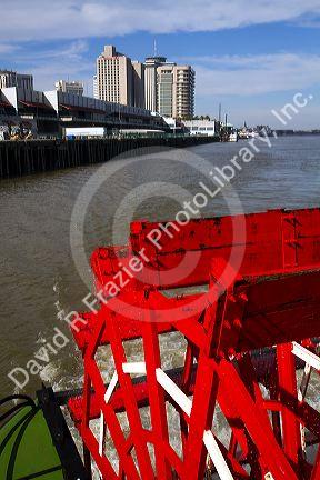 Paddle wheel of the SS. Natchez steamboat on the Mississippi River at New Orleans, Louisiana, USA.