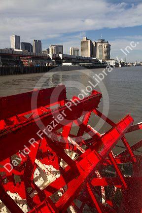 Paddle wheel of the SS. Natchez steamboat on the Mississippi River at New Orleans, Louisiana, USA.