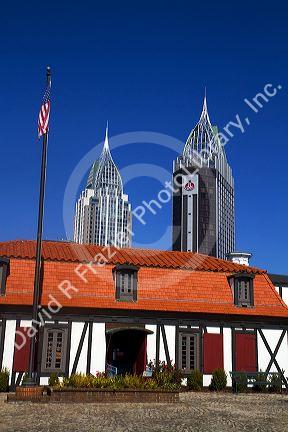 Interior of Fort Conde with downtown Mobile in the background, Alabama, USA.
