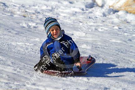 Sledding on a snowy hill near Boise, Idaho, USA.