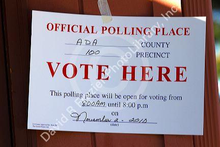 Vote Here sign at a polling place in Boise, Idaho, USA.