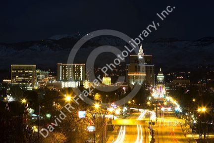 View of downtown Boise on a winter night, Idaho, USA.