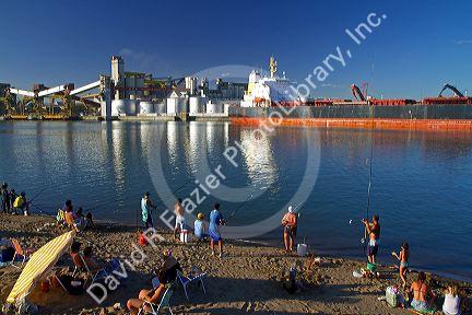 Bulk freighter carrying grain at the port of Necochea, Argentina.