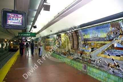 Mosaic art mural displayed in the underground metro of Buenos Aires, Argentina.