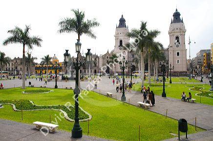 Basilica Cathedral at the Plaza Mayor or Plaza de Armas of Lima, Peru.