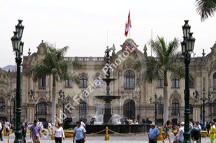 The Government Palace of Peru also known as the House of Pizarro, located on the north side of Plaza Mayor in Lima, Peru.