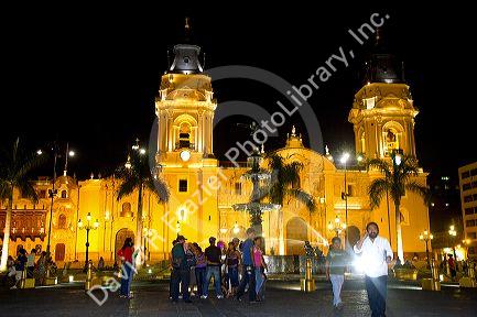 Basilica Cathedral at the Plaza Mayor or Plaza de Armas of Lima, Peru.