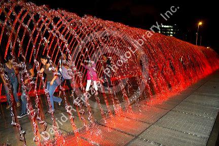 Water fountains light up at night in the Magic Circuit of Water park in Lima, Peru.