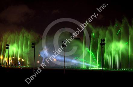 Water fountains light up at night in the Magic Circuit of Water park in Lima, Peru.