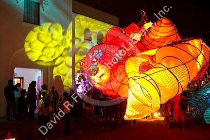 Lighted art sculptures on display at the cultural center of the Ricardo Palma University in the Miraflores district of Lima, Peru.