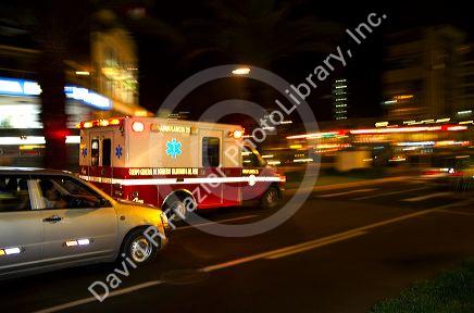 Ambulance in motion in the Miraflores district of Lima, Peru.