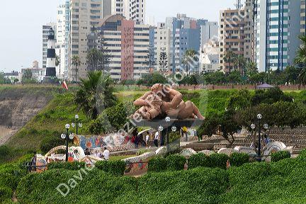 The art sculpture El Beso (the kiss) at the Love Park in the Miraflores district of Lima, Peru.