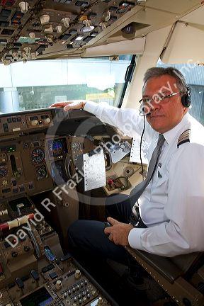 Copilot in the cockpit of a Boeing 767 aircraft.