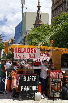 Street vendors selling ice cream and hot dogs in Buenos Aires, Argentina.