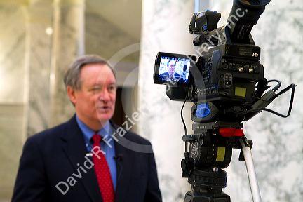 U.S. Senator Mike Crapo speaking to the media inside the Idaho State Capitol building located in Boise, Idaho, USA.