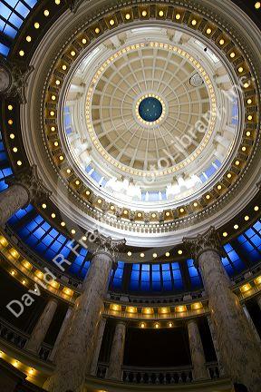 Looking up from the rotunda at the interior dome of the Idaho State Capitol building located in Boise, Idaho, USA.