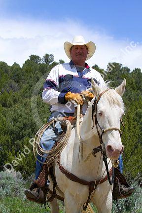 Portrait of a cowboy on a white horse in Cassia County, Idaho, USA.