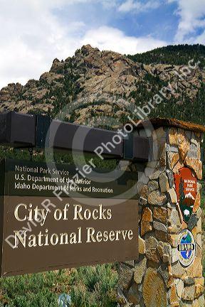 Sign marking the City of Rocks National Reserve and state park in Cassia County, Idaho, USA.