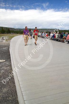 Deck lumber made from recycled plastic at Old Faithful viewing area in Yellowstone National Park, Wyoming, USA.