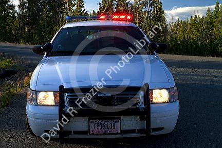 LED emergency lights atop a police vehicle in Yellowstone National Park, USA.