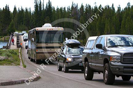 Tourism traffic at Fishing Bridge in Yellowstone National Park, Wyoming, USA.