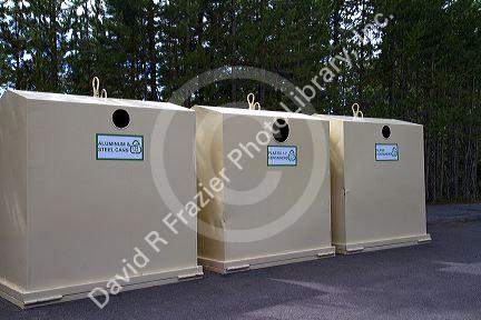 Recycling bins in Yellowstone National Park, Wyoming, USA.
