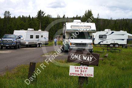 RV and trailer camping in Yellowstone National Park, Wyoming, USA.