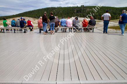 Deck lumber made from recycled plastic at Old Faithful viewing area in Yellowstone National Park, Wyoming, USA.