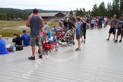 Deck lumber made from recycled plastic at Old Faithful viewing area in Yellowstone National Park, Wyoming, USA.