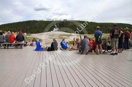 Deck lumber made from recycled plastic at Old Faithful viewing area in Yellowstone National Park, Wyoming, USA.