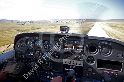Airstrip landing view from the cockpit of a cessna 172.