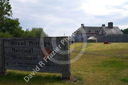 Grand Portage National Monument marker and the Great Hall located on the north shore of Lake Superior in northeastern Minnesota, USA.