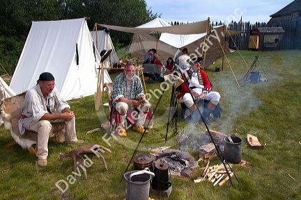 People participate in a rendezvous re-enactment at the Grand Portage National Monument on the north shore of Lake Superior in northeastern Minnesota, USA.