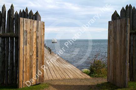 Grand Portage footpath with a replica sailing canoe in the distance at the Grand Portage National Monument on the north shore of Lake Superior in northeastern Minnesota, USA.