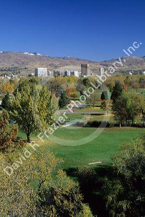 Cityscape view over Ann Morrison Park of Boise, Idaho with fall colors.
