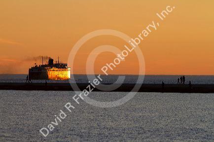 The SS Badger, a coal-fired passenger and vehicle ferry on Lake Michigan leaving Ludington, Michigan, USA.