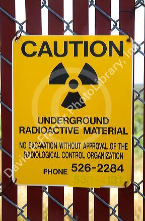 Radiation caution sign at the EBR-I decommissioned research nuclear reactor atomic museum located in the desert near Arco, Idaho, USA.