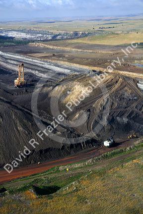 Aerial view of a dragline being used in the process of coal surface mining in Campbell County, Wyoming, USA.