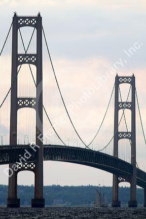 View of the Mackinac Bridge connecting the Upper and Lower peninsulas of Michigan, USA.