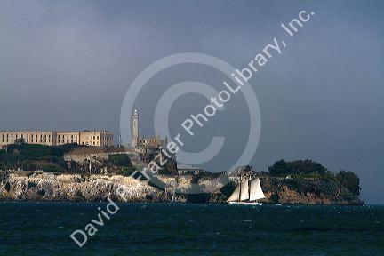 Sailboat near Alcatraz Island in the San Francisco Bay, California, USA.