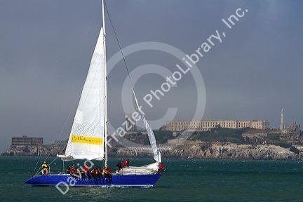 Blue Water Foundation sailboat teaching children how to sail near Alcatraz Island in the San Francisco Bay, California, USA.