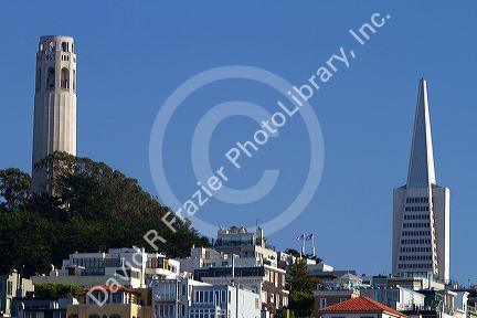 A view of Coit Tower and the Transamerica Pyramid skyscraper in San Francisco, California, USA.