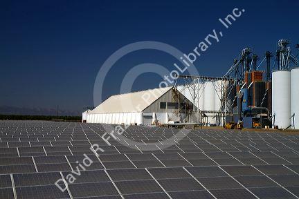 Solar panels create energy used for powering the rice dryer at California Family Foods in Arbuckle, California, USA.
