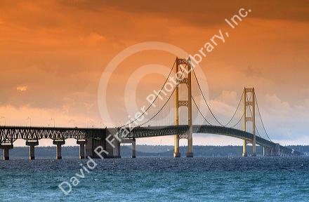 View of the Mackinac Bridge connecting the Upper and Lower peninsulas of Michigan, USA.